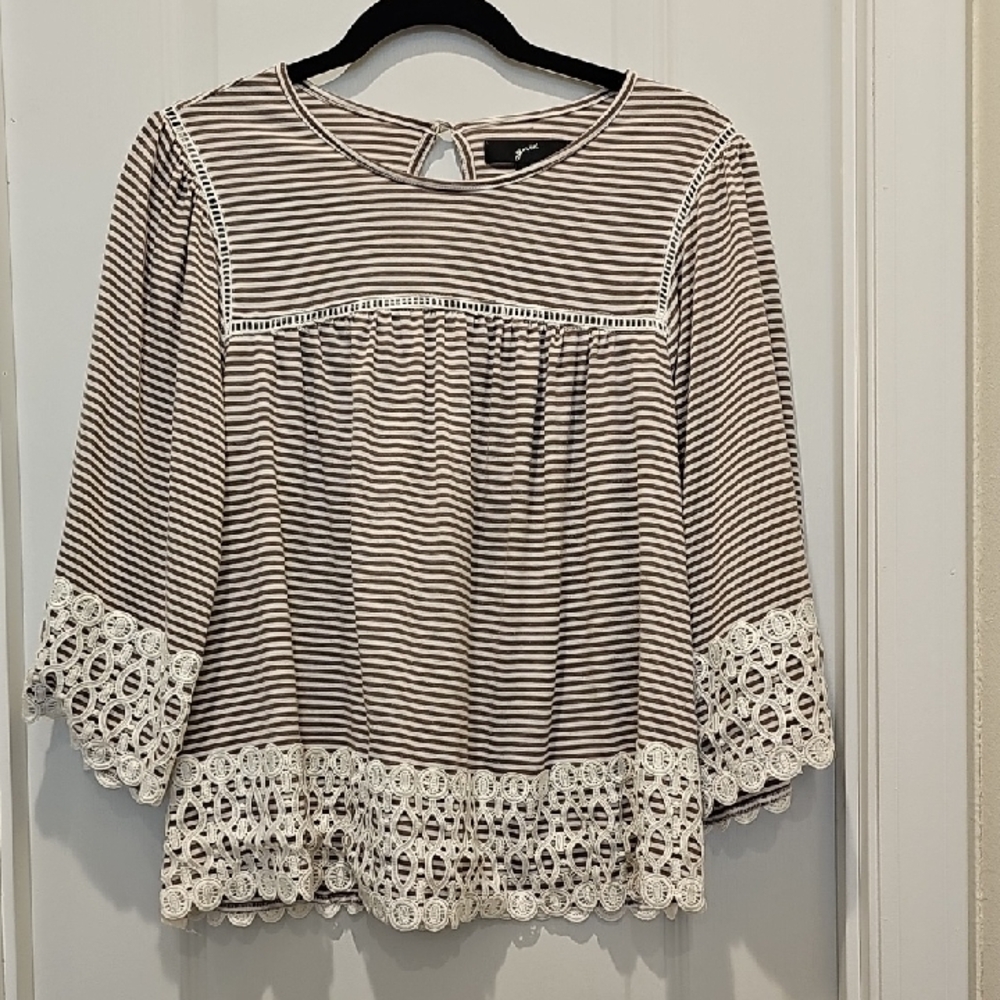 GNW Black and White Striped Blouse with Lace Accents